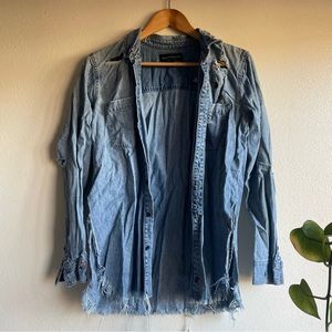 Lucky Brand Distressed Denim Shirt with Embroidered Bugs Throughout Shirt